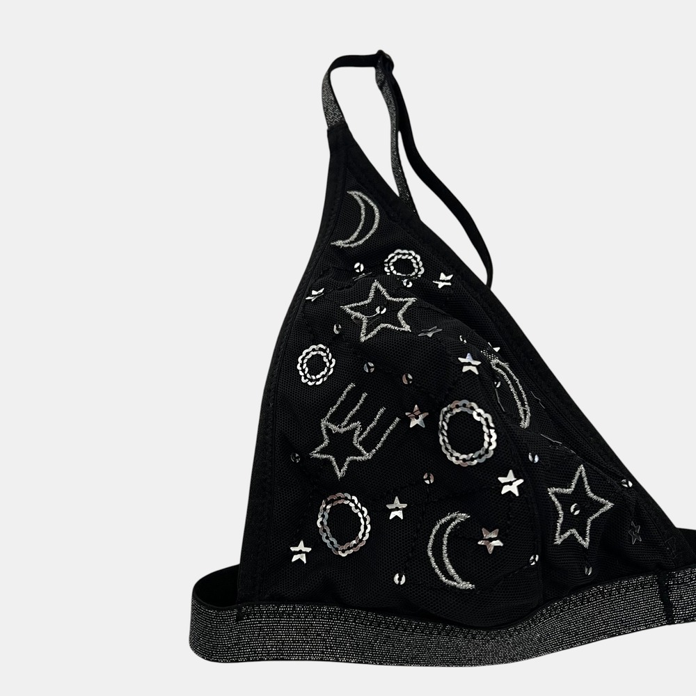 Victoria's Secret Celestial Bralette M Black Silver Embroidery Sequin Front Hook - Picture 3 of 8